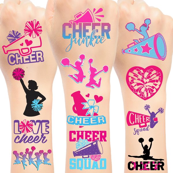 144 PCS Cheer Cheerleader Cheerleading Temporary Tattoos Stickers, Cheer Cheerleader Cheerleading Party Favors Supplies Birthday Party Decorations Sport Team Spirit Gifts for Kids, 24 Sheets