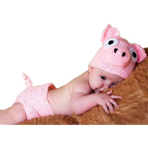 Ximkee Newborn Baby Photography Props Crochet Costume Hat and Pants Outfits Toddler Photoshoot Sets Pink Pig