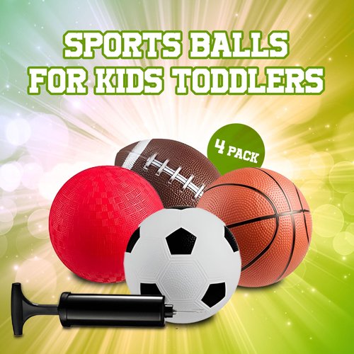 Bedwina Sports Balls for Kids & Toddlers - (Pack of 4) 5-inch Sports Balls Set Includes Football, Small Soccer Ball, Basketball, and Playground Balls, Fun Indoors & Outdoor Toys (Hand Pump Included)