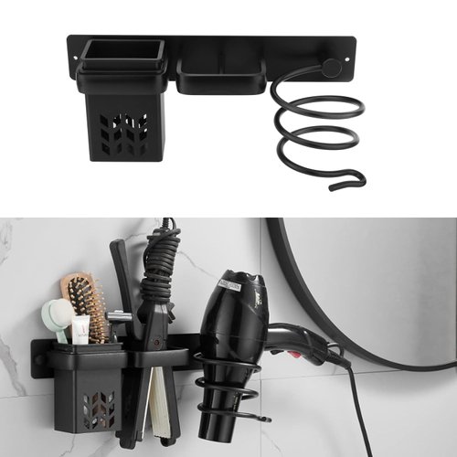 Madlife Garage Hair Tool Organizer Wall Mount,Dryer and Straightener Holder,Bathroom Hair Styling Care Tool Organizer,Multi-Functional Space Storage Bracket with Plug Hook(Black)