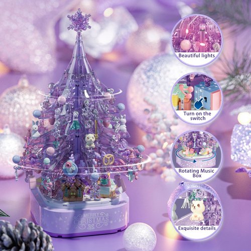 MEIEST Christmas Tree Building Blocks Set,DIY Purple Crystal Christmas Tree Music Box,Xmas Holiday Construction Toy Gift,Home Decor
