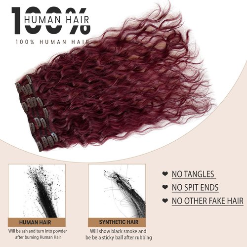 Burgundy Clip in Hair Extensions, Clip in Long Wavy Hair Extensions Human Hair 70G 7PCS Curly Clip in Hair Extensions for Women 18 Inch Long Remy Real Hair Hairpieces for Daily Party Use