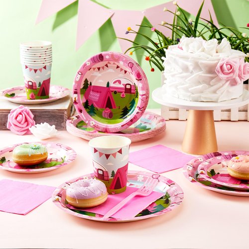 Zubebe 120 Pcs Pink Camping Party Supplies for 24 Guests Girl Camping Paper Plates Napkins Glamping Birthday Decorations Camping Adventure Disposable Tableware Set for Kids Baby Shower Party