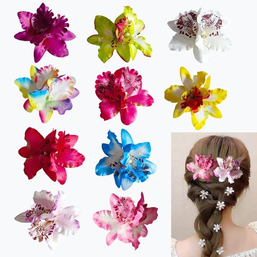 Rowcay 10 Pcs Bohemian Flowers Hair Clip, Multi Color Chiffon Orchid Hair Clips, Double Orchid Hair Clips, Bridal Wedding Jewelry, Beach Party Wedding, Hair Clip Accessories