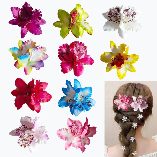 Rowcay 10 Pcs Bohemian Flowers Hair Clip, Multi Color Chiffon Orchid Hair Clips, Double Orchid Hair Clips, Bridal Wedding Jewelry, Beach Party Wedding, Hair Clip Accessories