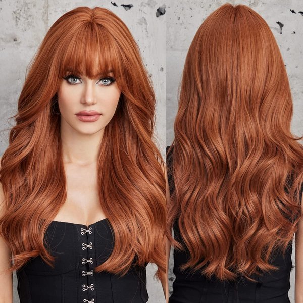 EMMOR Orange Brown Long Wigs for Women, Natural Wavy wig with Bangs Heat Resistant Fiber Synthetic Wigs for Daily Party（Strawberry blonde）
