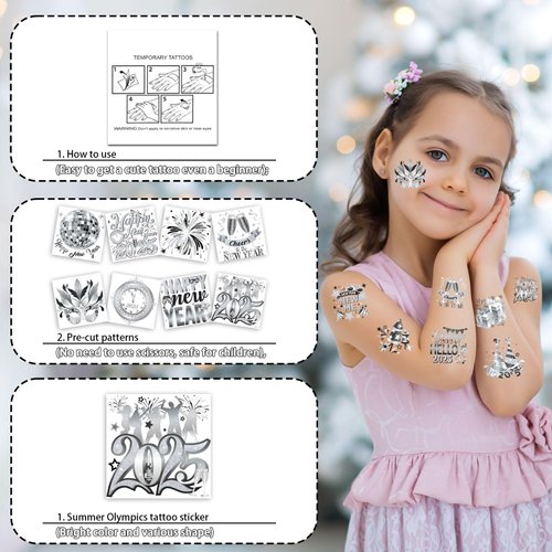 HOWAF 40pcs Silver New Years Temporary Tattoos, 2025 NYE Party Favors Tattoos Stickers,New Year Face Tattoos for Happy New Year Eve Party Decorations,New Years Firework Temporary Tattoos