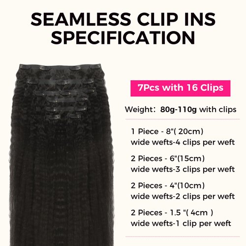 Lashey Hair Extensions Clip in Hair Extensions 100% Real Human Hair Kinky Straight Invisi Edge Seamless Clip in Hair Extensions 110g Natural Black 16 Inch Human Hair for Black Women