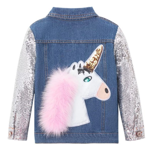 WELAKEN Unicorn Jean Jacket for Girls Kids & Toddler with Sparkly Sleeve, Girls' Spring Outfit Denim Jackets Outerwear