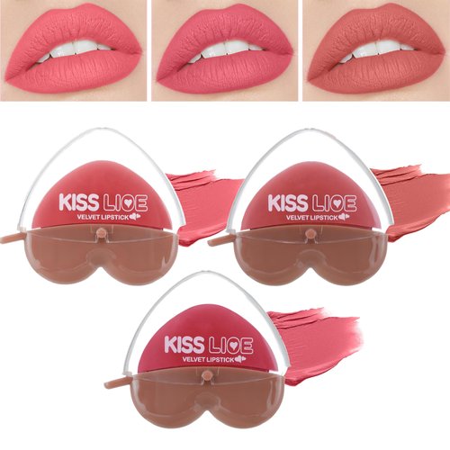Nude Pink Light Red Matte Velvet Lipstick for Women-3 Colors Long Lasting Non-Stick Cup Heart Sha...