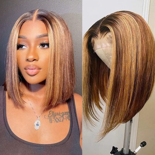 Blonde Highlight Short Straight Bob Wig 13x4x1 Lace Front Wigs for Women Ombre 4/27 Human Hair 12 Inch 150% Density Brazilian Virgin Bob Wigs Human Hair Lace Closure Wigs Pre Plucked with Baby Hair
