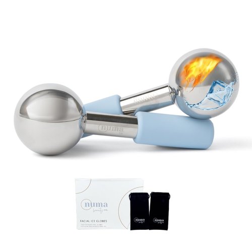 Ice Globes for Face | Stainless Steel Facial Globes | Set of 2 Cooling Ice Roller Massagers w/Silicone Handle | Warm/Cold Tool for Estheticians w/Magnetic Box & 2 Black Storage Bags