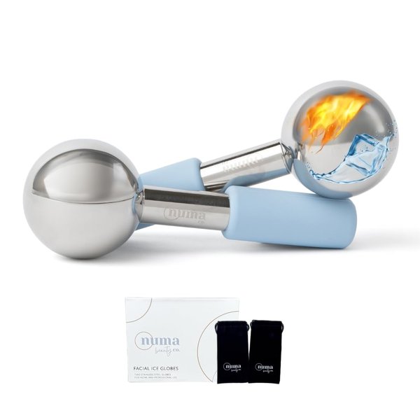Ice Globes for Face | Stainless Steel Facial Globes | Set of 2 Cooling Ice Roller Massagers w/Silicone Handle | Warm/Cold Tool for Estheticians w/Magnetic Box & 2 Black Storage Bags