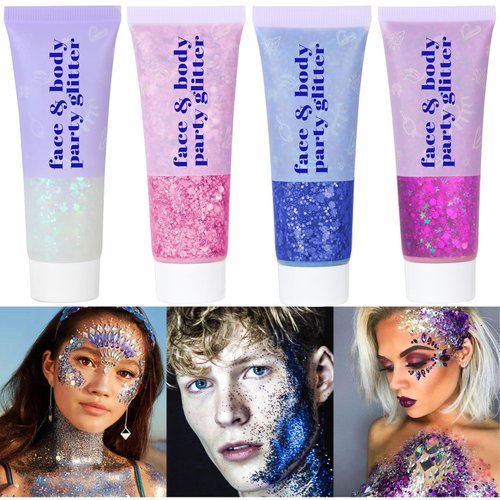 Body Glitter Gel,Face Glitter Body Gel Singer Concerts Makeup,Sparkling Holographic Gel Long Lasting Chunky Sequins Glitter for Eye Lip Hair Nails,Festival Rave Accessories Halloween Makeup
