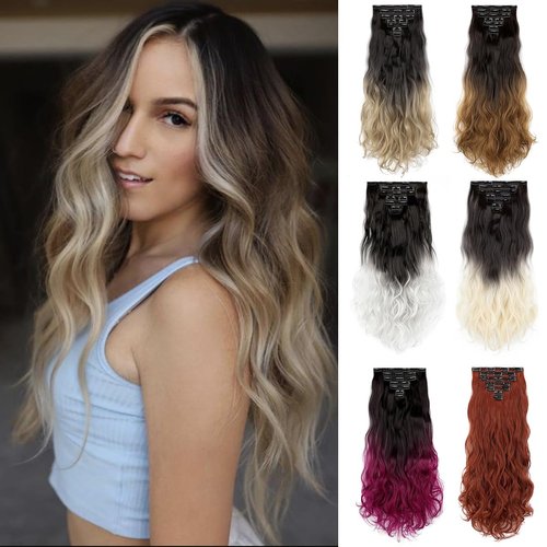 Yekartary Women Hair Extensions Clip-ins 7PCS Seamless Invisible Long Wavy Curly Synthetic Hairpi...