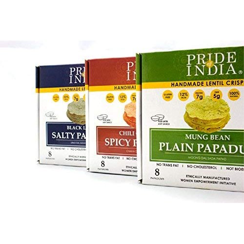 Pride Of India - Assorted Papadum Lentil Crisps - Plain, Salty & Spicy - Pack of 6 (2 Boxes per Flavor) - 6 * 3.53oz (100gm) per 10 Count Box - Party Perfect, Lentil Chips, Gluten-Free, Healthy Snack