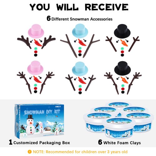 Aneco 6 Pack Build Snowman Decorating Kit Christmas Snowman DIY Craft Modeling Clay Making Kit Winter Gift Xmas Toys for Holiday Home Supplies