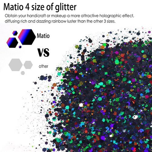 Matio Holographic Chunky Glitter, 7.8oz/220g Black Craft Glitter for Resin Chunky Nail Flake Sequin Mixed Fine Glitter Powder Bulk Holographic Glitter for Nail Art DIY Tumbler Cosmetic Festival Decor