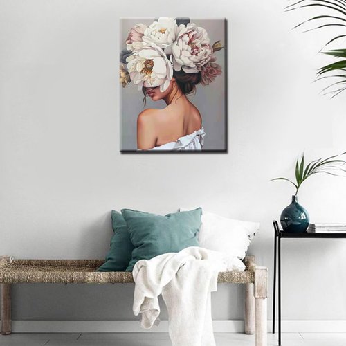 Fashion Girl with Flowers on Head Paint by Numbers for Adults Modern Art Style Figure Lady Painting by Number for Adults Beginner Acrylic Oil Painting Set Lady's Back Artwork Without Frame 16''Wx20''H