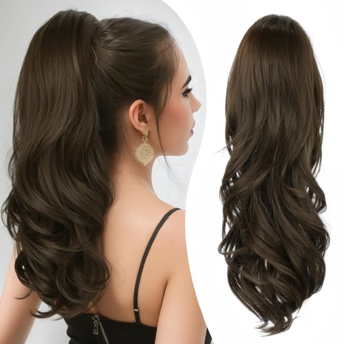 SHNMIN Ponytail Extension, Drawstring Ponytail Extension for Women 20 Inch Long Wavy Pony Tails Clip in Ponytail Hair Extensions Synthetic Layered Ponytail for Daily Use