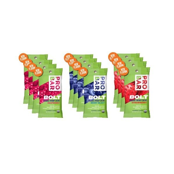 Probar Bolt Organic Energy Chews Bundle Strawberry,berry Blast and Raspberry - Four of Each Flavor, Box of 12
