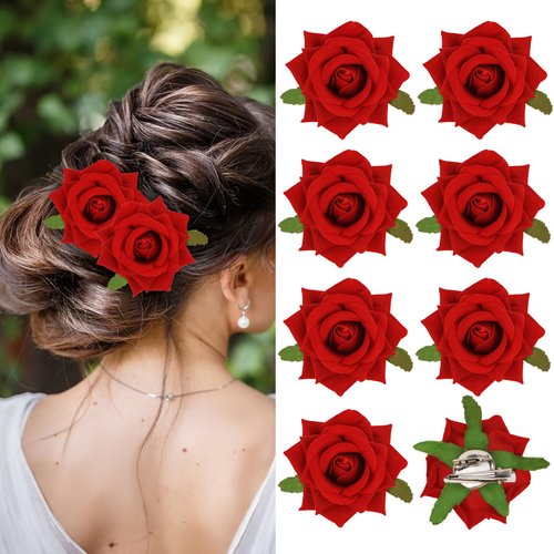 Red Rose Flower Hair Clip for Women Girls, 8 Pcs Fabric Flower Hair Clips Rose Brooch Flower Hair Pins, Wedding Rose Flower Hair Accessories
