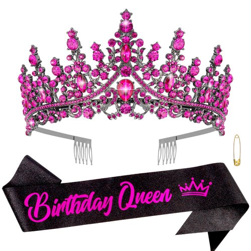 CHANACO Birthday Queen Sash Rose Red Crystal Birthday Crown Tiaras for Women Rhinestone Birthday Tiara Headband Princess Crown for Girls Hair Accessories Happy Birthday Party Decorations Birthday