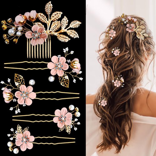 5PCS Bridal Flower Wedding Hair Pins Pink Pearl Hair Pins Rhinestone Hair Clips Gold Leaf Flower Headpiece Jewelry Hair Pins Vintage Wedding Hair Accessories for Brides Bridesmaids Women Girls Updo