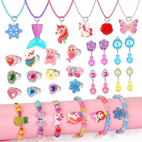 HAJUS Kids Jewelry for Girls, 28 Pcs Unicorn Toys for Girls Age 4-6, Girl Toys Play Rings Necklaces Bracelets, Costume Jewelry for Girls, Princess Party Birthday Christmas Gifts for 2 3 4 5 6