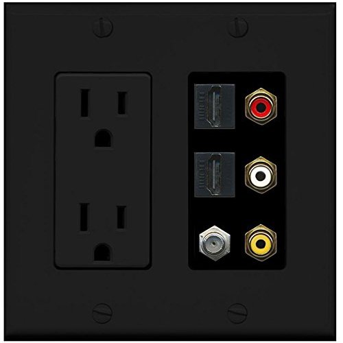 RiteAV Black 15A Power Outlet RCA Composite 2 HDMI 1 Coax Wall Plate 2 Gang