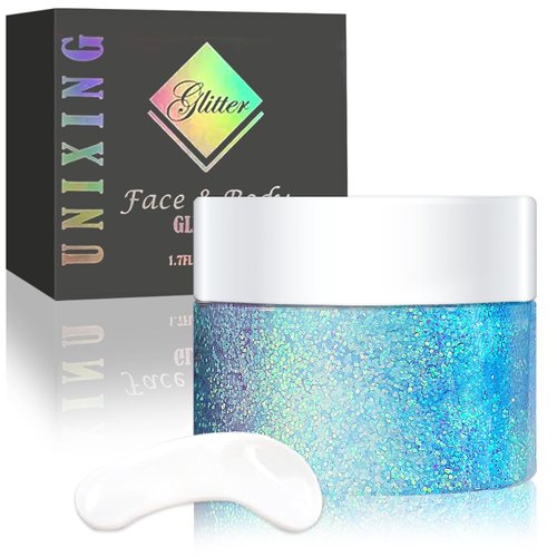 Holographi Face Body Glitter Gel, Sparkle Color Changing Face Glitter Gel, Mermaid Sequins Glitter Face Paint, Chunky Hair Glitter Gel for Concerts Party Mardi Gras Festival, 50ml (Blue Chameleon)