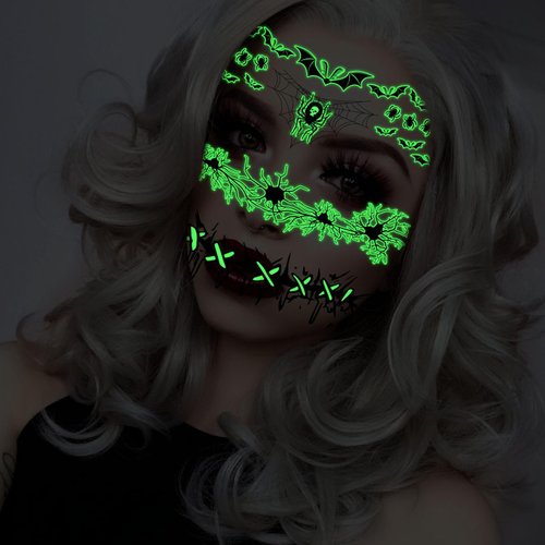 Generic 4 Sheets Halloween Horror Luminous Temporary Tattoos Glow in the Dark Scary Spider Web Bat Scar Tattoos Stickers for Makeup Party Supplies, Black