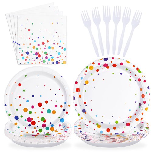 96Pcs Colorful Birthday Party Plates and Napkins Sets Colorful Polka Dots Party Supplies 350GSM Confetti Bubble Plates Rainbow Dots Tableware for Birthday Baby Shower Rainbow Party Decorations Serve24
