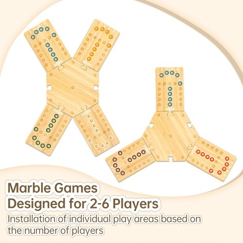 Marble Board Game, Wooden Board Game for 2-6 Players, Portable Fast Track Board Game with 24 Marbles and 6 Dice for Family Friends, Party Game Night