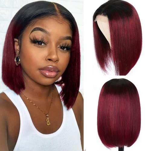 Burgundy Red Bob Wigs Human Hair 12 Inch Straight 99J 13x4 Lace Front Bob Wigs Brazilian Virgin Hair Pre Plucked with Baby Hair Natural Hairline 1B/99J Bob Hair Wigs for Black Women Human Hair