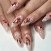 24 Pcs Stiletto Press on Nails Medium Almond Fake Nails with Glue Nude Full Cover False Nails with Pearl Strawberry Pattern Designs Glossy Stick Acrylic False Nail Kit Cute Glue on Nails for Women