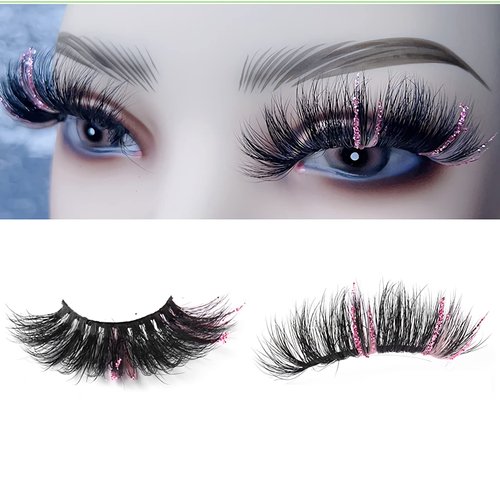 Glitter Lashes 22mm 3D Fluffy Mink Eye Lashes with Color,Colored Eyelashes Dramatic Strip Lashes Manga Lashes Natural Fake Eyelashes 1 Pairs for Halloween Party Stage Cosplay(Pink Black)