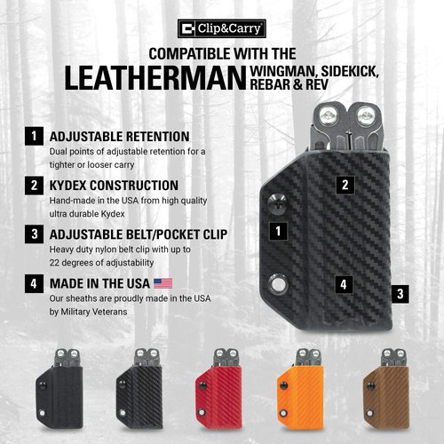 Clip & Carry Kydex Multitool Sheath for Leatherman WINGMAN/SIDEKICK/REBAR/REV - Made in USA (Multi-tool not included) EDC Multi Tool Sheath Holder Holster Cover (Black)