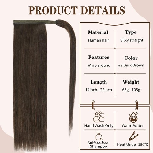 18" Human Hair Ponytail Extensions 85g #2 Dark Brown 100% Remy Human Hair Wrap Around Long Ponytail Clip in Hair Extensions Straight One Piece Hairpiece (18", Dark Brown)