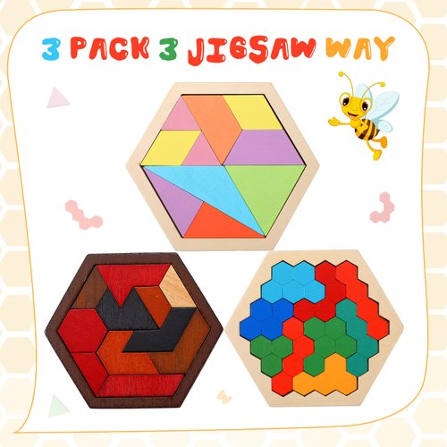 Jerify 3 Pack Wooden Hexagon Tangram Puzzle Challenge Wooden Brain Teasers Hexagonal Geometric Shape Pattern Wood Block Puzzle Toy for Different Age People Logic Mind Game Gifts