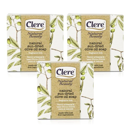 CLERE Natural Olive Oil Soap Bar – Handmade with 100% Natural Ingredients Gentle & Fragrance-Free, 200 Grams - Pack of 3