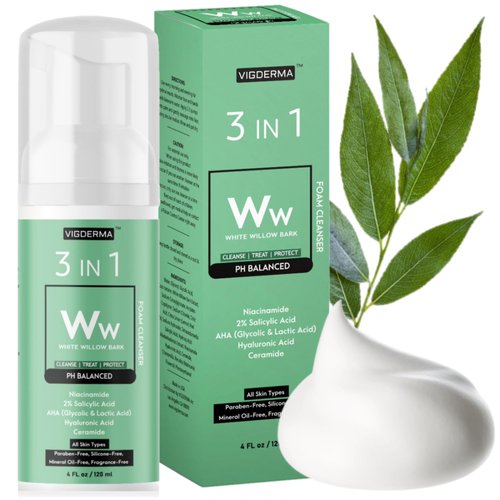 VIGDERMA 3 in 1 White Willow Bark pH 5.5 Foam Facial Cleanser 4 fl. oz. (120ml) Soft Bubble Fragr...