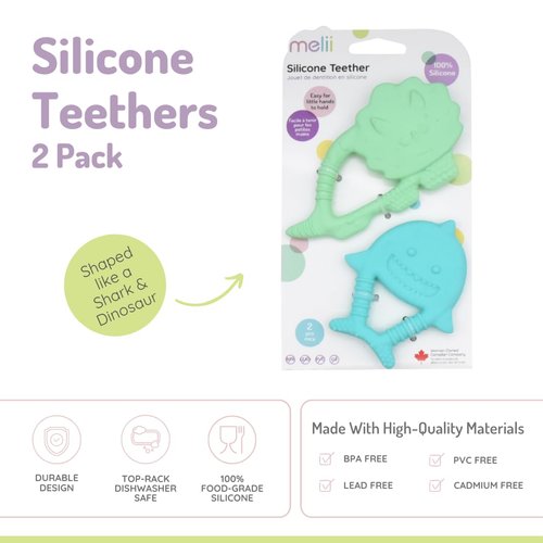 melii Baby Teethers, 100% Food Grade Silicone, Multiple Soft Textures to Soothe Baby's Gums, Teething Toy, BPA Free, Dino & Shark
