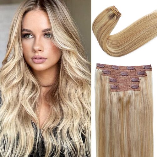 Balayage Remy Hair Extensions Clip in 20Inch 100g Golden Blonde Mixed Bleach Blonde Highlight Lace Weft Clip in Human Hair Extensions Double Weft 4pcs Thick Highlighted Extensions Clip on