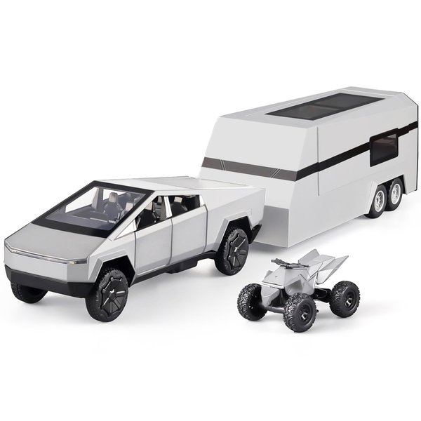 Cybertruck Model Pickup with Recreational Vehicle 1/32 Diecast Cars Metal Cybertruck Toy Cars Cyberquad Sound and Light Ideal Gift for Kids (Silver)