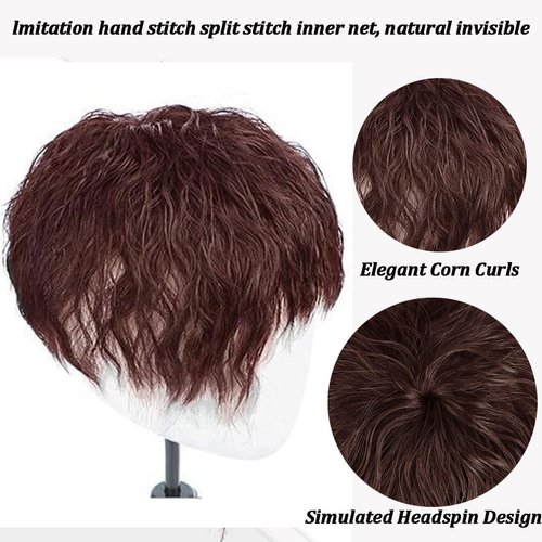 Curly Human Hair Toppers for Women 100% Real Human Hair Crown Topper Short Water Wavy Hairpieces Clip In Top Wiglet with Bangs Wavy Hairpiece for Thinning Hair ( Color : Brown , Size : 17cm(base7*10cm
