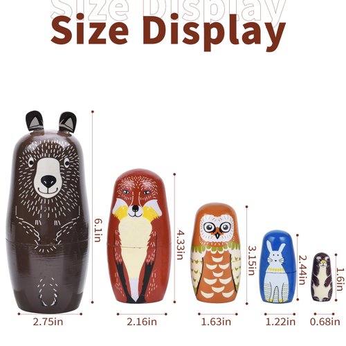 Tngan Nesting Dolls, 5Pcs 6" Tall Russian Nesting Dolls, Handmade Matryoshka for Kids, Wooden Stacking Toys for Christmas Home Wedding Party Decorations (Brown Bear)