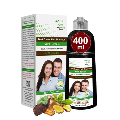 Biogreen Roots Ammonia-Free Herbal Hair Shampoo - Effectively Covers Gray Hair for Men and Women - Natural Color and Herbal Nourishment - No Stain on Skin - Dark Brown (400 ml)