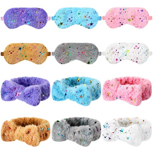Kajaia 12 Pcs Sleepover Party Favors for Woman, Spa Headband for Washing Face Bow Makeup Headbands, Plush Sleep Eye Mask for Single Women Spa Pajama Party Supply(Star)