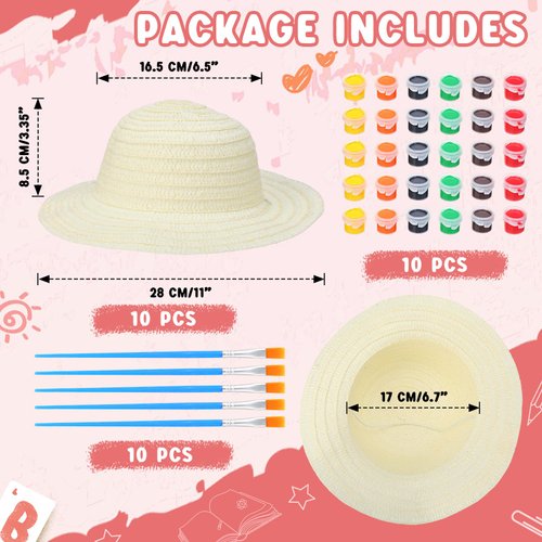 Geyoga 10 Sets DIY Kids Straw Hats with Paints and Brushes, Handmade Straw Hat Cap Bulk Beach Sun Hat Art Painting Hat Halloween Christmas Arts Crafts Gifts DIY Tea Party Favors for Kids Ages 6-18